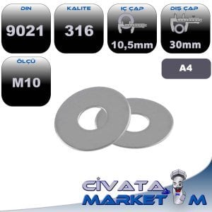 M10 DÜZ GENİŞ PUL DIN 9021 A4 316
