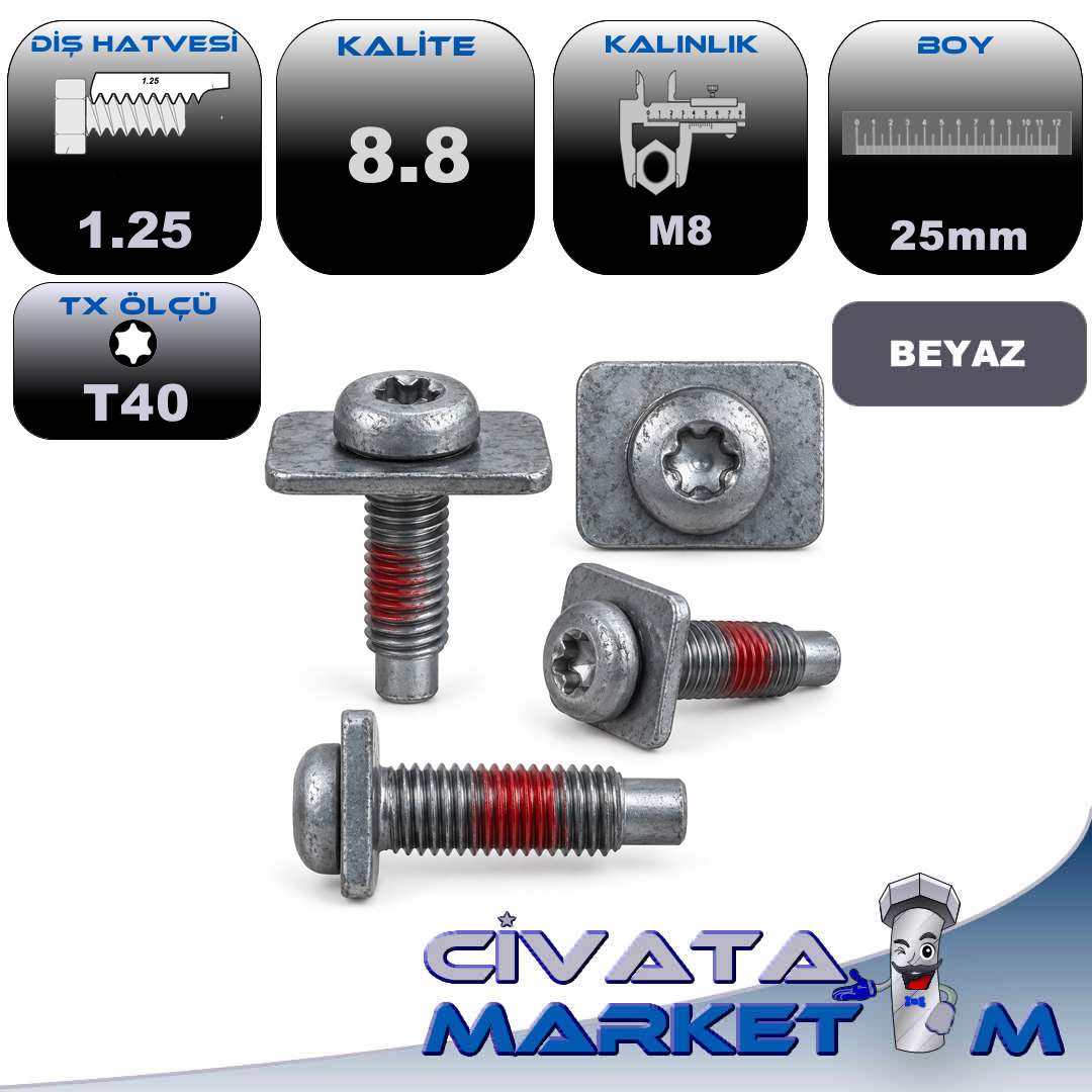 M8x25 Torx Civata Bombe Başlı Dikdörtgen Pullu – 23x30 mm