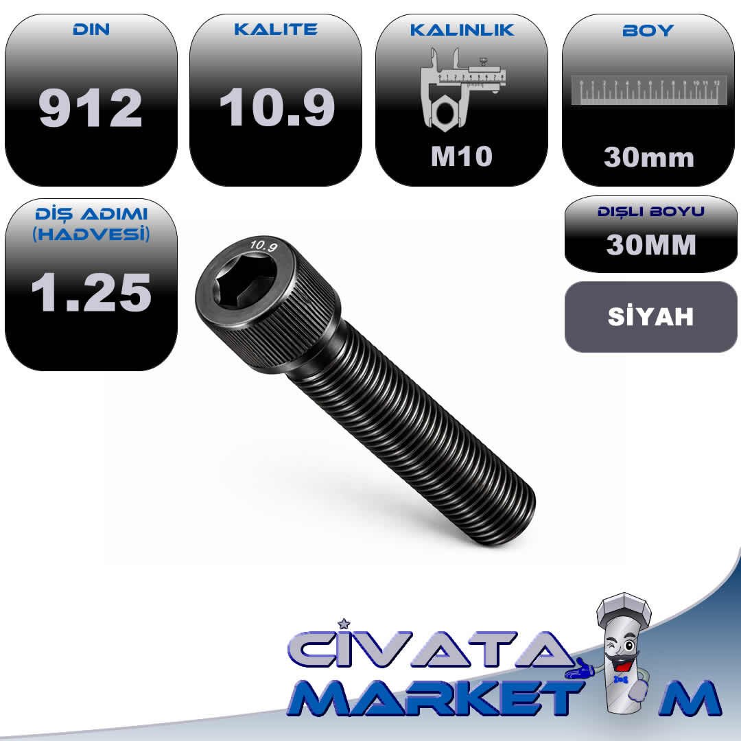 M10x1.25x30 İMBUS CIVATA 10.9 (İNCE DİŞ) - SYH