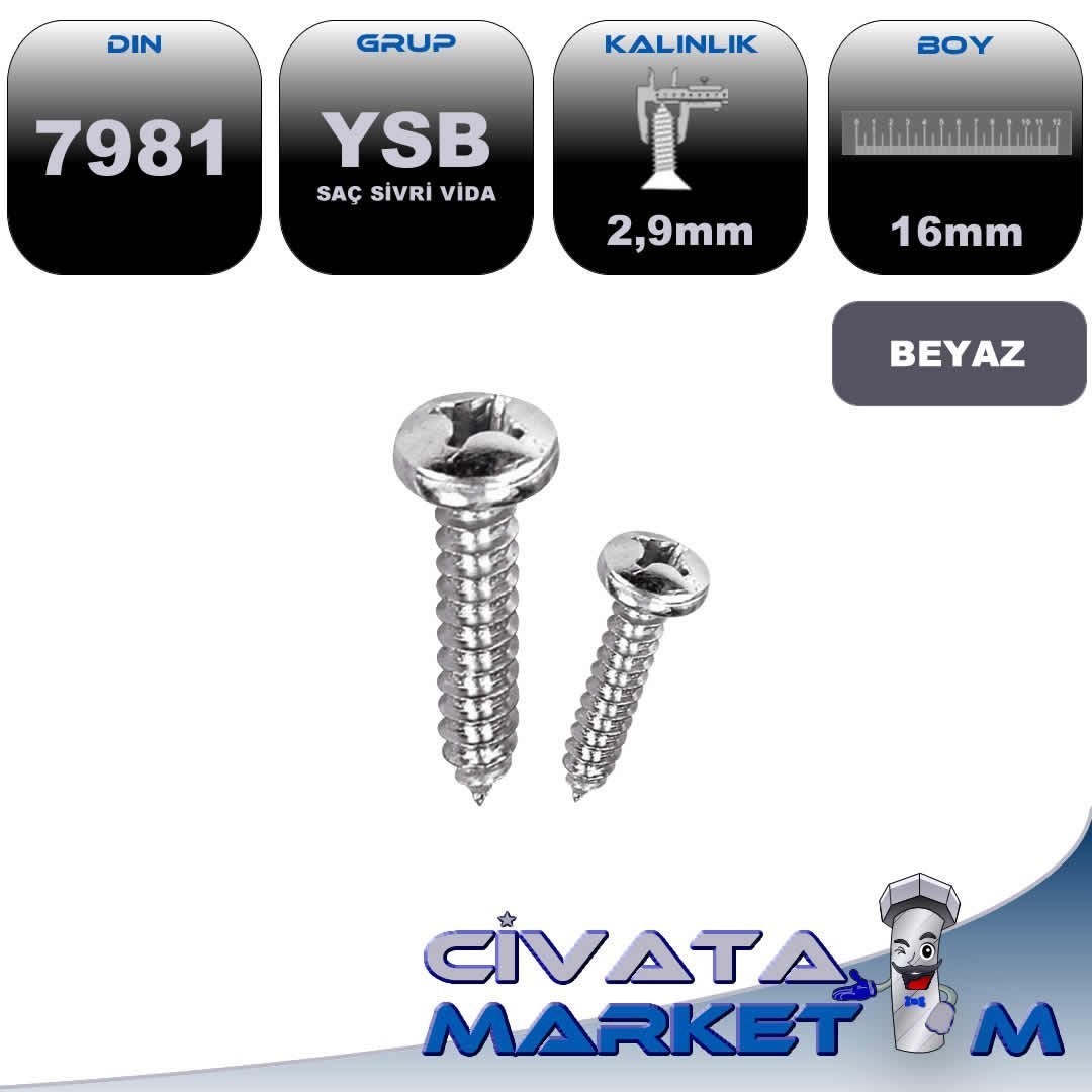 2,9x16 YSB SAC VİDA DIN7981 BYZ