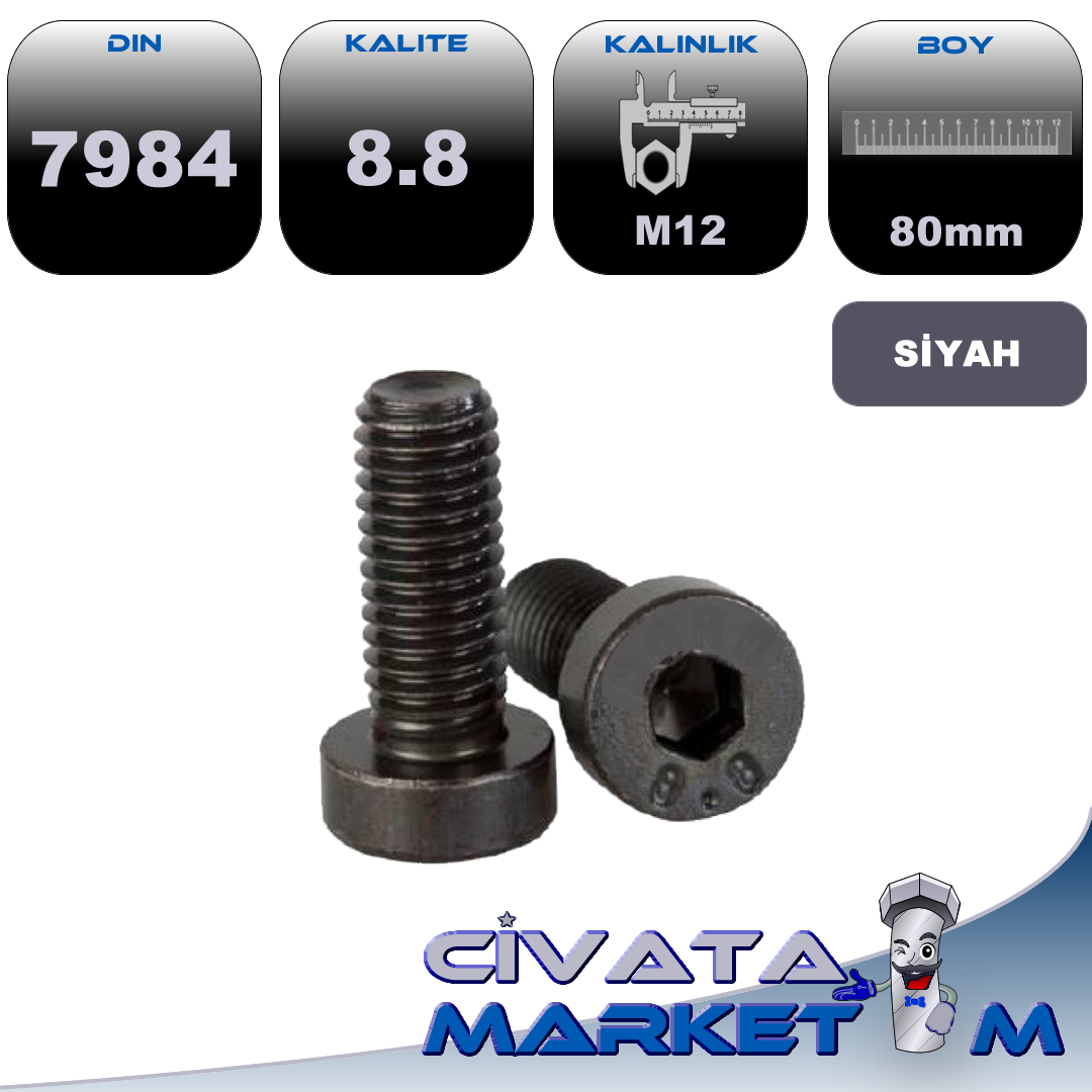 M12*80 İNCE KAFA İMBUS SİYAH 8.8