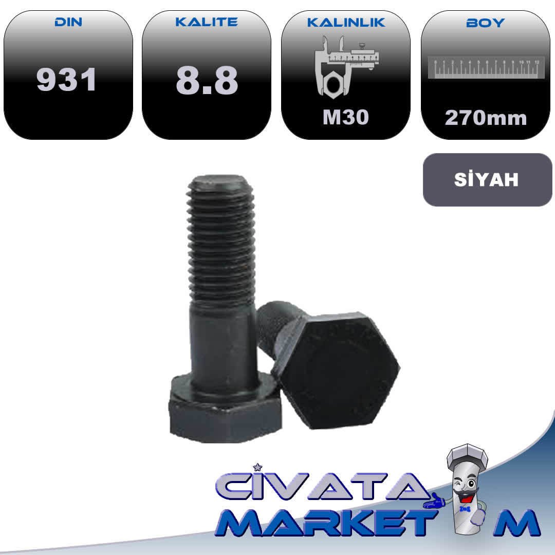 M30x270 AKB CIVATA YARIM DİŞ 8.8 SİYAH