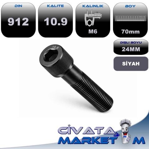 M6x70 İmbus Cıvata DIN912 10.9