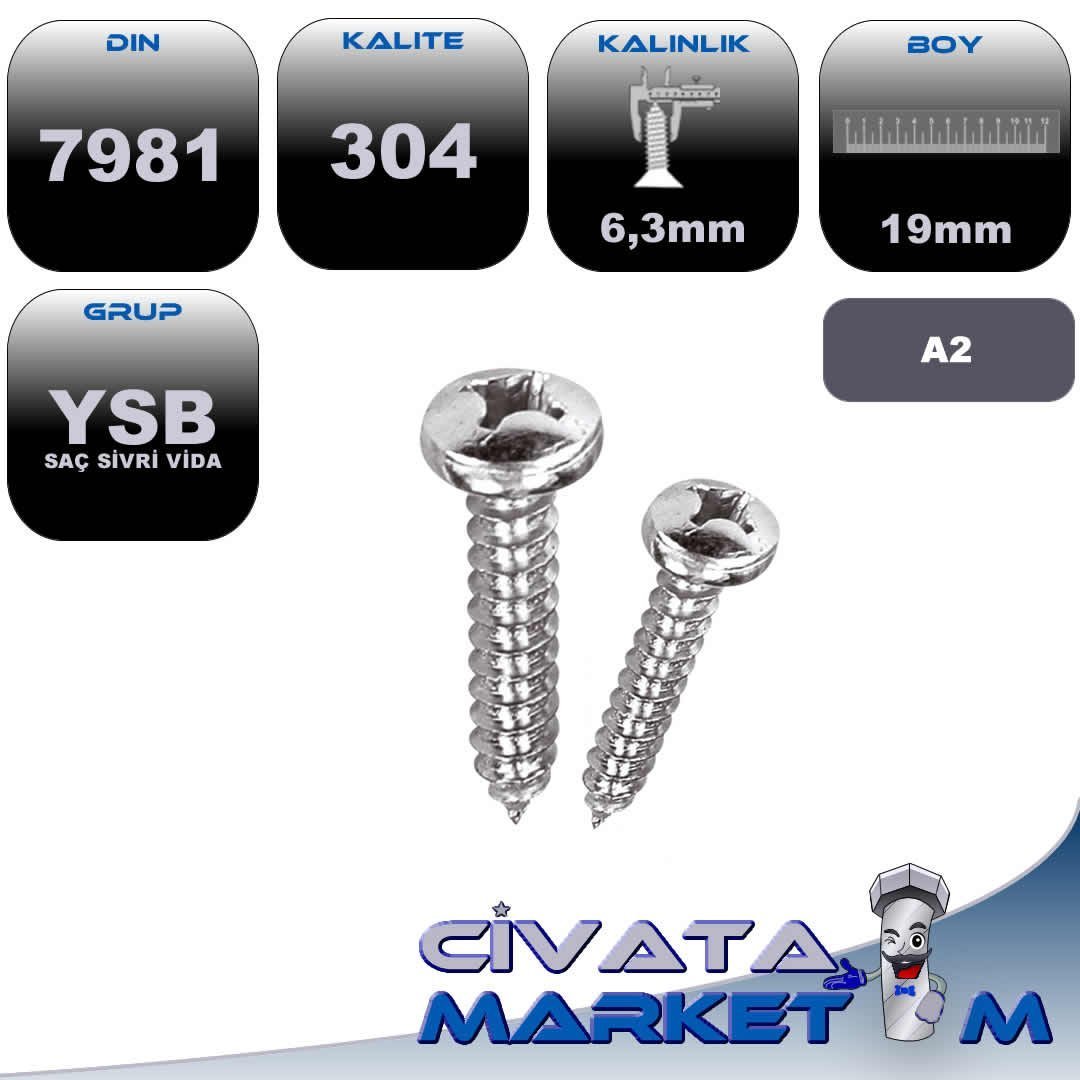 6,3X19 YSB SAC VİDASI A2 304