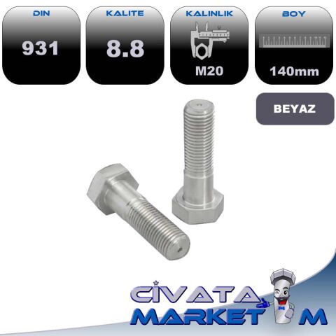 M20x140 Akb Cıvata 8.8 DIN931 Yarımdiş BEYAZ