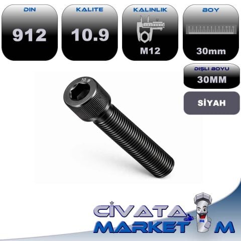 M12x30 İmbus Cıvata DIN912 10.9
