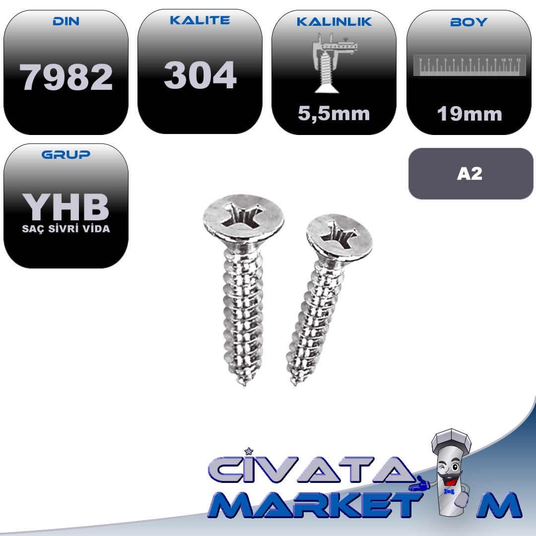 5,5x19 YHB SAC VİDASI A2 304