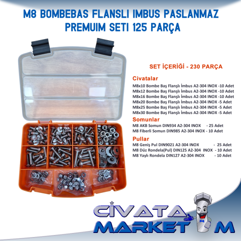 M8 Bombe Baş Flanşlı İmbus Paslanmaz Premium Seti 125 Parça