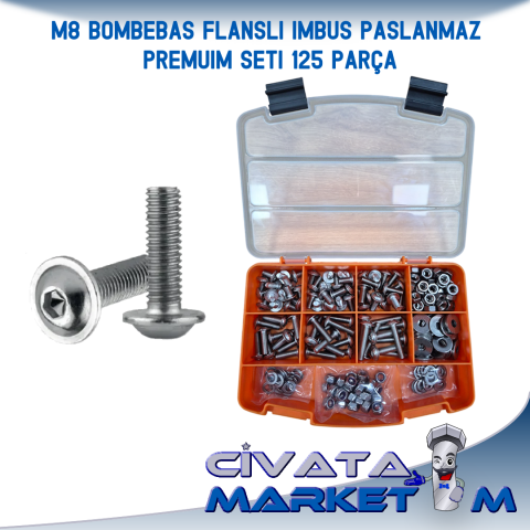 M8 Bombe Baş Flanşlı İmbus Paslanmaz Premium Seti 125 Parça